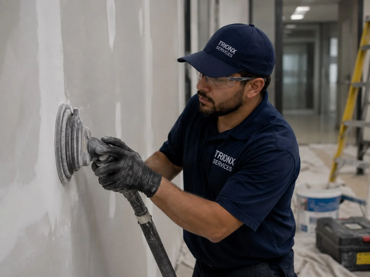 Technician patching drywall in a commercial corridor