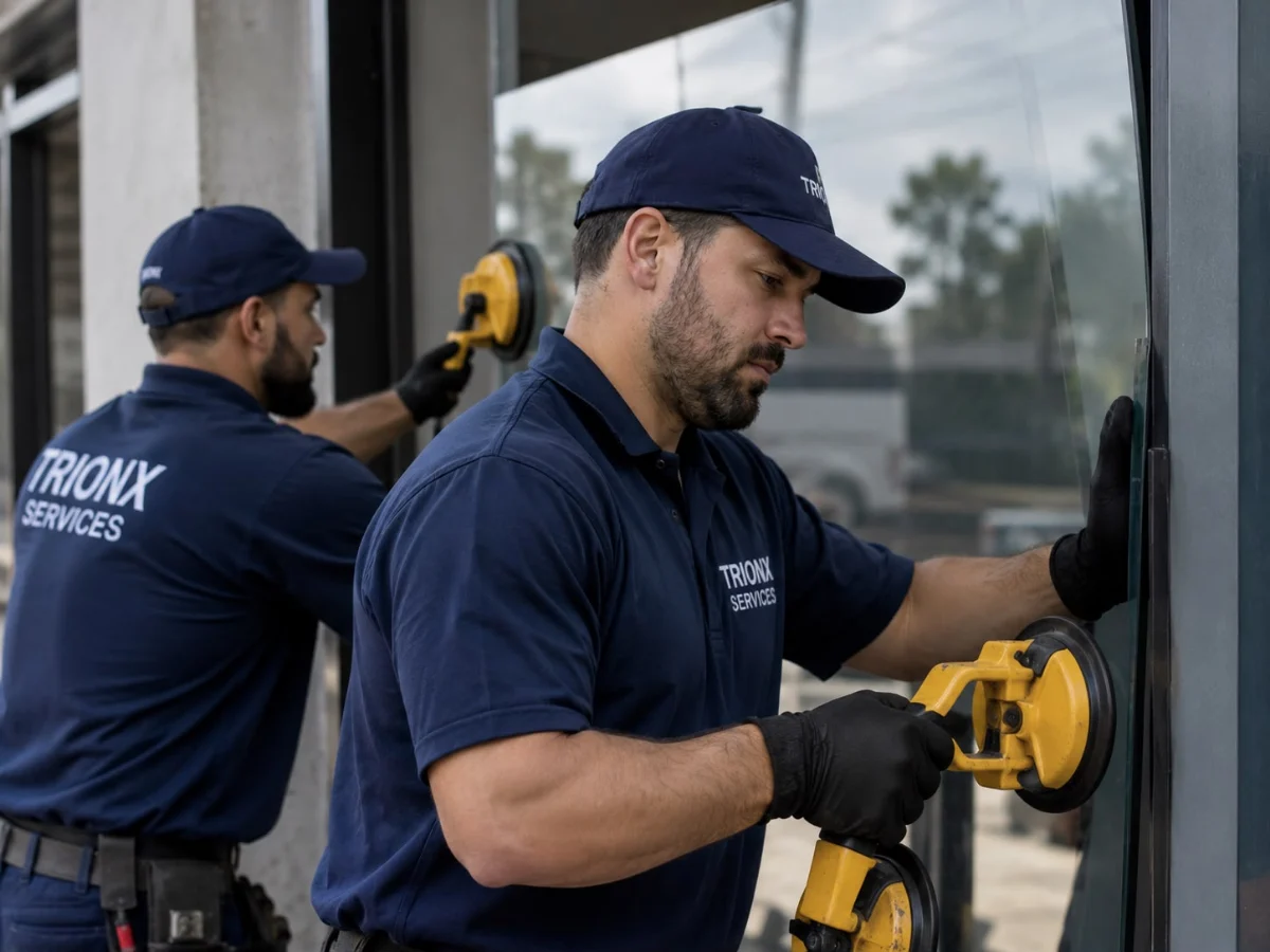 Technicians installing a storefront glass panel