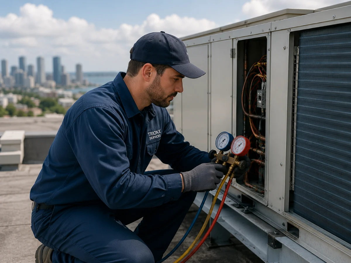 Technician servicing a rooftop HVAC unit