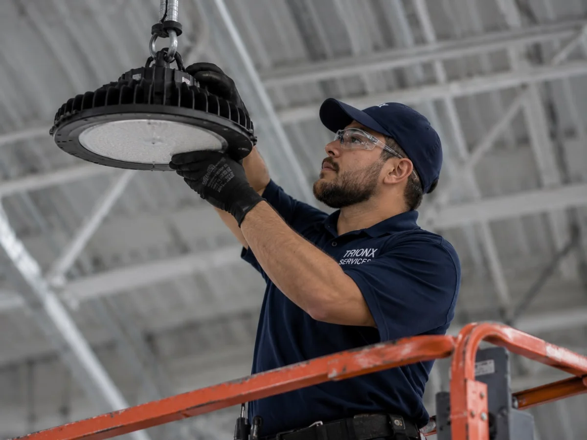 Technician replacing a high-bay LED fixture